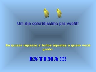 Um dia coloridíssimo pra você!!Um dia coloridíssimo pra você!!
 
Se quiser repasse a todos aqueles a quem você
gosta.
ES TIMAES TIMA !!!
 