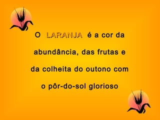O LARANJALARANJA é a cor da
abundância, das frutas e
da colheita do outono com
o pôr-do-sol glorioso
 