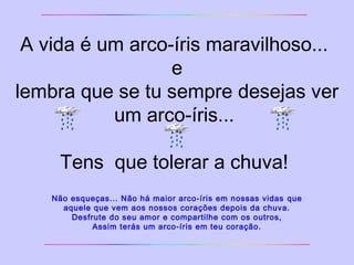 A vida é um arco-íris maravilhoso...
e
lembra que se tu sempre desejas ver
um arco-íris...
Tens  que tolerar a chuva!
Não esqueças... Não há maior arco-íris em nossas vidas que
aquele que vem aos nossos corações depois da chuva.
Desfrute do seu amor e compartilhe com os outros,
Assim terás um arco-íris em teu coração.
 