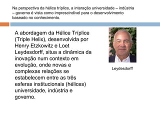 A abordagem da Hélice Tríplice (Triple Helix), desenvolvida por Henry Etzkowitz e Loet Leydesdorff, situa a dinâmica da inovação num contexto em evolução, onde novas e complexas relações se estabelecem entre as três esferas institucionais (hélices) universidade, indústria e governo. Na perspectiva da hélice tríplice, a interação universidade – indústria – governo é vista como imprescindível para o desenvolvimento baseado no conhecimento. Leydesdorff 
