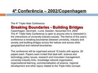 4ª Conferência – 2002/Copenhagem The 4 th  Triple Helix Conference Breaking Boundaries - Building Bridges  Copenhagen, Denmark - Lund, Sweden, November 6-9, 2002  The 4 th  Triple Helix Conference is open to anyone who is interested in the interactions of university-industry-society. The theme of this year's conference is breaking boundaries between university, industry and society and building bridges across the helices and across other geographical and national boundaries.  The conference will be organised around 15 tracks with approx. 20 papers each. Papers were invited that deal with: science and technology policy issues, research and innovation management, university-industry links, knowledge network organisation, organisational learning, commercialisation of science, regional development and other topics related to the Triple Helix concept.  