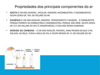 Propriedades dos principais componentes do ar

    AZOTO-É UM GÁS INVISÍVEL, INCOLOR, INODORO, INCOMBUSTÍVEL E INCOMBURENTE.
    OCUPA CERCA DE 78% DO VOLUME DO AR.

    OXIGÉNIO-É UM GÁS INCOLOR, INODORO, TRANSPARENTE E INVISÍVEL . É COMBURENTE
    PORQUE PERMITE AS COMBUSTÕES E INCOMBUSTÍVEL PORQUE NÃO ARDE. OCUPA CERCA
    DE 21% DO VOLUME DO AR E É INDISPENSÁVEL À VIDA DOS SERES HUMANOS.

    DIÓXIDO DE CARBONO - É UM GÁS INCOLOR, INVISÍVEL, MAIS PESADO DO QUE O AR,
    SOLÚVEL NA ÁGUA, TURVA A ÁGUA DE CAL E OCUPA MENOS DE 1% DO VOLUME DO AR.
 