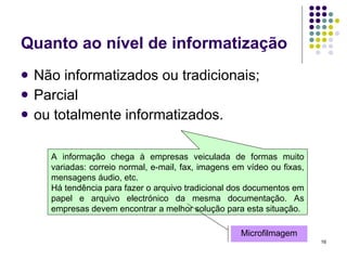 Quanto ao nível de informatização Não informatizados ou tradicionais; Parcial ou totalmente informatizados. A informação chega à empresas veiculada de formas muito variadas: correio normal, e-mail, fax, imagens em vídeo ou fixas, mensagens áudio, etc. Há tendência para fazer o arquivo tradicional dos documentos em papel e arquivo electrónico da mesma documentação. As empresas devem encontrar a melhor solução para esta situação. Microfilmagem 