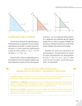 33
Matemática – 3ª série – Volume 1
Considerações sobre a avaliação
Ao final desta Situação de Aprendizagem, é
fundamental que as equações de retas estejam
naturalmente associadas à variação proporcio-
nal entre x e y, tanto a partir da origem quanto
a partir de outros valores: y = kx, y – h = kx,
ou ainda, y – y0 = k(x – x0).
Espera-se que os alunos compreendam que re-
tas paralelas aos eixos têm equações simples, e que
retas inclinadas em relação aos eixos têm equações
na forma y = mx + h e ainda que saibam interpre-
tar o significado dos coeficientes m e h. Especial
atenção deve ser dada ao pequeno triângulo que
determina a inclinação de cada reta, em decorrên-
cia das múltiplas informações que ele oferece.
Também faz parte das expectativas de
aprendizagem o reconhecimento de regiões
do plano determinadas por desigualdades
do tipo y < mx + h, ou y > mx + h, bem
como de suas variações, envolvendo igual-
dade e desigualdade.
x + y = 18
18
5
180 x
y
B
x + y = 18
18
5
180 x
y
C
3
x + y = 18
18
180 x
y
A
SITUAÇÃO DE APRENDIZAGEM 3
PROBLEMAS LINEARES – MÁXIMOS E MÍNIMOS
Conteúdos e temas: equação da reta em diferentes contextos: problemas lineares; representa-
ção de retas e regiões do plano cartesiano: problemas de máximos e mínimos.
Competências e habilidades: capacidade de recorrer à linguagem da Geometria Analítica para
enfrentar situações-problema em diferentes contextos; reconhecimento da importância da ideia
de proporcionalidade e de sua relação direta com as equações das retas.
Sugestão de estratégias: apresentação de uma coleção de problemas lineares, alguns deles
envolvendo situações de máximos ou mínimos, como motivação para uso das equações e
inequações associadas a retas e regiões do plano.
 
