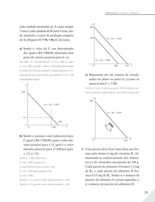 35
Matemática – 3ª série – Volume 1
x
y
5x + 8y = 3200
5x + 8y = 2400
480
400
300
6400
c) Represente em um sistema de coorde-
nadas no plano os pares (x; y) para os
quais se tem C ≤ 3200.
Teremos o custo C menor ou igual a 3200 na região do pri-
meiro quadrante situada na reta 5x + 8y = 3 200 ou abaixo dela:
y
x0 640
5x + 8y = 3200
400
3. Uma pessoa deve fazer uma dieta que for-
neça pelo menos 6 mg de vitamina B2, ali-
mentando-se exclusivamente dos alimen-
tos I e II, oferecidos em pacotes de 100 g.
Cada pacote do alimento I fornece 1,2 mg
de B2, e cada pacote do alimento II for-
nece 0,15 mg de B2. Sendo x o número de
pacotes do alimento I a serem ingeridos, e
y o número de pacotes do alimento II:
cada unidade produzida de A custa sempre
5 reais e cada unidade de B custa 8 reais, sen-
do, portanto, o custo da produção conjunta
de A e B igual a C = 5x + 8y (C em reais).
a) Sendo o valor de C, em determinado
dia, igual a R$ 2400,00, determine dois
pares de valores possíveis para x e y.
Para 2400 = 5x + 8y, podemos ter x = 0 e y = 300, ou então,
y = 0 e x = 480, ou ainda, x = 400 e y = 50. Existem inﬁnitos pares
de valores de x e de y que satisfazem a relação dada: são os cor-
respondentes aos pontos da reta cuja equação 5x + 8y = 2400
é representada a seguir:
5x + 8y = 2400
480
400
300
50
x
y
0
b) Sendo o máximo valor admissível para
C igual a R$ 3200,00, qual o valor má-
ximo possível para x? E qual é o valor
máximo possível para y? (Observação:
x ≥ 0, y ≥ 0).
Sendo C = 3 200, então temos:
5x + 8y = 3200. Os pares (x; y)
correspondentes situam-se sobre a reta
5x + 8y = 3 200 (que é paralela à reta
5x + 8y = 2 400).
Quando y = 0, x assume o valor máximo possível: x = 640.
Quando x = 0, y assume o valor máximo possível: y = 400.
 