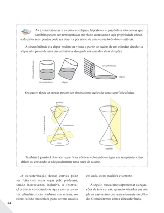 44
As circunferências e as cônicas (elipses, hipérboles e parábolas) são curvas que
também podem ser representadas no plano cartesiano e cuja propriedade obede-
cida pelos seus pontos pode ser descrita por meio de uma equação de duas variáveis.
A circunferência e a elipse podem ser vistas a partir de seções de um cilindro circular; a
elipse não passa de uma circunferência alongada em uma das duas direções.
circunferência elipse
circunferência
elipse
Os quatro tipos de curvas podem ser vistos como seções de uma superfície cônica.
©ConexãoEditorial
Também é possível observar superfícies cônicas colocando-se água em recipientes cilín-
dricos ou cortando-se adequadamente uma peça de salame.
©ConexãoEditorial
A caracterização dessas curvas pode
ser feita com mais vagar pelo professor,
sendo interessante, inclusive, a observa-
ção destas colocando-se água em recipien-
tes cilíndricos, cortando-se um salame, ou
construindo materiais para serem usados
em aula, com madeira e serrote.
A seguir, buscaremos apresentar as equa-
ções de tais curvas, quando situadas em um
plano cartesiano convenientemente escolhi-
do. Começaremos com a circunferência.
 