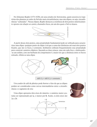 47
Matemática – 3ª série – Volume 1
Foi Johannes Kepler (1571-1630), em seus estudos de Astronomia, quem associou às traje-
tórias dos planetas ao redor do Sol não mais circunferências, mas sim elipses, ou seja, circunfe-
rências “achatadas”. Nessas elipses, Kepler destacou a existência de dois pontos simetricamen-
te opostos em relação ao centro, chamados focos, em um dos quais o Sol se situava.
A partir desses dois pontos, uma propriedade fundamental pode ser utilizada para caracte-
rizar uma elipse: qualquer ponto da elipse é tal que a soma das distâncias até esses dois pontos
fixados, que são os focos, é constante. Jardineiros utilizam frequentemente essa propriedade
para construir canteiros elípticos: fincando-se duas estacas, uma em cada foco, e deslocando-
-se um estilete, com um barbante de comprimento L (maior do que a distância entre os focos)
esticado, obtém-se uma elipse.
d(P, F1) + d(P, F2) = constante
F1
F2
Um coador de café de plástico pode ilustrar o fato de que as elipses
podem ser consideradas como curvas intermediárias entre a circunfe-
rência e o segmento de reta:
Uma elipse apresenta dois eixos de simetria: o semieixo maior cos-
tuma ser representado por a, o menor por b. Assim, os dois eixos são
2a e 2b.
0 x
y
Semieixos
a
␺
–a
–b
b
©ConexãoEditorial
©ConexãoEditorial
©ConexãoEditorial
©ConexãoEditorial
 