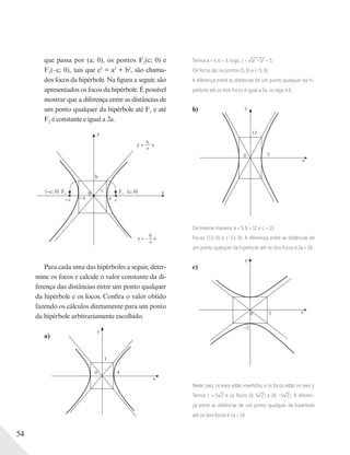 54
que passa por (a; 0), os pontos F1(c; 0) e
F2(–c; 0), tais que c2
= a2
+ b2
, são chama-
dos focos da hipérbole. Na figura a seguir, são
apresentados os focos da hipérbole. É possível
mostrar que a diferença entre as distâncias de
um ponto qualquer da hipérbole até F1 e até
F2 é constante e igual a 2a.
x
b
y
c
ca
0
– a–c
F2(–c; 0) (c; 0)F1
y =
b
a
x
y = –
b
a
x
Para cada uma das hipérboles a seguir, deter-
mine os focos e calcule o valor constante da di-
ferença das distâncias entre um ponto qualquer
da hipérbole e os focos. Confira o valor obtido
fazendo os cálculos diretamente para um ponto
da hipérbole arbitrariamente escolhido.
a)
x
y
4
3
0
Temos a = 4, b = 3; logo, c = a2
+ b2
= 5.
Os focos são os pontos (5; 0) e (–5; 0).
A diferença entre as distâncias de um ponto qualquer da hi-
pérbole até os dois focos é igual a 2a, ou seja, é 8.
b)
x
y
5
12
Da mesma maneira, a = 5, b = 12 e c = 13.
Focos: (13; 0) e (–13; 0). A diferença entre as distâncias de
um ponto qualquer da hipérbole até os dois focos é 2a = 10.
c)
x
y
5
–5
Neste caso, os eixos estão invertidos, e os focos estão no eixo y.
Temos c = 5 2 e os focos (0; 5 2) e (0; –5 2). A diferen-
ça entre as distâncias de um ponto qualquer da hipérbole
até os dois focos é 2a = 10.
0
0
 