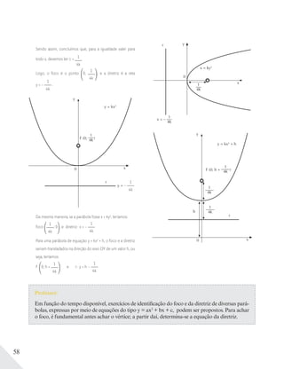 58
Sendo assim, concluímos que, para a igualdade valer para
todo x, devemos ter c = 1
4k
Logo, o foco é o ponto 0;
1
4k
, e a diretriz é a reta
y = –
1
4k
.
y = kx2
y
r
x0
F (0;
1
4k )
y = –
1
4k
Da mesma maneira, se a parábola fosse x = ky2
, teríamos:
foco
1
4k
; 0 e diretriz: x = –
1
4k
Para uma parábola de equação y = kx2
+ h, o foco e a diretriz
seriam transladados na direção do eixo OY de um valor h, ou
seja, teríamos:
F 0; h +
1
4k
e r: y = h –
1
4k
x = ky2
x
0
yr
1
4k
x = –
1
4k
y = kx2
+ h
y
h
r
x0
F (0; h +
1
4k )
1
4k
1
4k
Professor:
Em função do tempo disponível, exercícios de identificação do foco e da diretriz de diversas pará-
bolas, expressas por meio de equações do tipo y = ax2
+ bx + c, podem ser propostos. Para achar
o foco, é fundamental antes achar o vértice; a partir daí, determina-se a equação da diretriz.
 