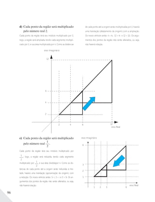96
d) Cada ponto da região será multiplicado
pelo número real 2.
Cada ponto da região terá seu módulo multiplicado por 2;
logo, a região será ampliada, tendo cada segmento multipli-
cado por 2, e sua área multiplicada por 4. Como as distâncias
de cada ponto até a origem serão multiplicadas por 2, haverá
uma translação (afastamento da origem) com a ampliação.
Os novos vértices serão: 4 + 4i, 12 + 4i e 12 + 12i. Os argu-
mentos dos pontos da região não serão alterados, ou seja,
não haverá rotação.
eixo Imaginário
eixo Real
6
4
2
2 6 12
12
4
e) Cada ponto da região será multiplicado
pelo número real
1
2
.
Cada ponto da região terá seu módulo multiplicado por
1
2
; logo, a região será reduzida, tendo cada segmento
multiplicado por
1
2
e sua área divididapor 4. Como as dis-
tâncias de cada ponto até a origem serão reduzidas à me-
tade, haverá uma translação (aproximação da origem) com
a redução. Os novos vértices serão: 1+ i, 3 + i e 3 + 3i. Os ar-
gumentos dos pontos da região não serão alterados, ou seja,
não haverá rotação.
32
eixo Imaginário
eixo Real
3
2
1
1
6
6
 