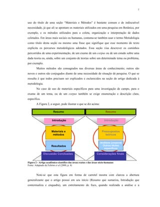 7
uso do título de uma seção “Materiais e Métodos” é bastante comum e de indiscutível
necessidade, já que ali se apontam os materiais utilizados em uma pesquisa em Botânica, por
exemplo, e os métodos utilizados para a coleta, organização e interpretação de dados
coletados. Em áreas mais sociais ou humanas, costuma-se também usar o termo Metodologia
como título desta seção ou mesmo uma frase que signifique que esse momento do texto
explicita os percursos metodológicos adotados. Essa seção visa descrever os caminhos
percorridos de uma experimentação, de um exame de um corpus ou de um estudo sobre uma
dada teoria ou, ainda, sobre um conjunto de teorias sobre um determinado tema ou problema,
por exemplo.
Muitos métodos são consagrados nas diversas áreas de conhecimento; outros são
novos e outros são conjugados diante de uma necessidade de situação de pesquisa. O que se
ressalta é que todos precisam ser explicados e esclarecidos na seção do artigo dedicada à
metodologia.
No caso de uso de materiais específicos para uma investigação de campo, para o
exame de um tema, ou de um corpus também se exige enumeração e descrição clara,
específica.
A Figura 2, a seguir, pode ilustrar o que se diz acima:
Figura 2 - Artigo acadêmico-científico das áreas exatas e das áreas sócio-humanas
Fonte: Adaptado de Feltrim et al (2000, p. 4)
Note-se que esta figura em forma de carretel mostra com clareza a abertura
generalizante que o artigo possui em seu início (Resumo que sumariza, Introdução que
contextualiza e enquadra), um estreitamento do foco, quando realizada a análise e a
Resumo
Introdução
Materiais e
métodos
Resultados
Discussão Conclusões
Resumo
Introdução
Pressupostos
teóricos
Análises (corpora)
Outros títulos
específicos
Considerações finais
 