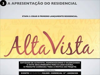 3 A APRESENTAÇÃO DO RESIDENCIAL


        ETAPA 3: CRIAR O PRIMEIRO LANÇAMENTO RESIDENCIAL.




       BATIZADO DE ALTAVISTA, HOMENAGEANDO E VALORIZANDO
            A VISTA DESLUMBRANTE PARA O LAGO GUAÍBA,
         O PRODUTO CARREGOU TODA A MÍSTICA DO PROJETO.
                            FERRAMENTAL:
       EVENTO NO PLANTÃO | FOLDER | COMERCIAL 15" | ANÚNCIOS
 
