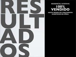 RES      RESIDENCIAL ALTAVISTA

           100%
         VENDIDO




ULT
      ANTES MESMO DO LANÇAMENTO
         ACONTECER NA MÍDIA.




AD
 