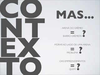 CO   MAS...
NT        ARENA DO GRÊMIO

                =            ?

EX
           BAIRRO GREMISTA


     MORAR AO LADO DE UMA ARENA

                =
             PROBLEMA   ?
        OAS EMPREENDIMENTOS

                =
               QUEM   ?
 