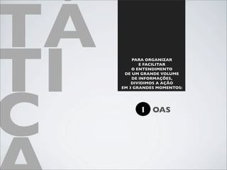 TÁ
TI       PARA ORGANIZAR
            E FACILITAR
         O ENTENDIMENTO
      DE UM GRANDE VOLUME
         DE INFORMAÇÕES,




C
         DIVIDIMOS A AÇÃO
     EM 3 GRANDES MOMENTOS:




           1 OAS
 