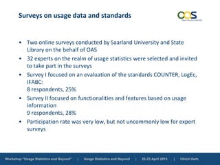 Workshop “Usage Statistics and Beyond” | Usage Statistics and Beyond | 22-23 April 2013 | Ulrich Herb
Surveys on usage data and standards
• Two online surveys conducted by Saarland University and State
Library on the behalf of OAS
• 32 experts on the realm of usage statistics were selected and invited
to take part in the surveys
• Survey I focused on an evaluation of the standards COUNTER, LogEc,
IFABC:
8 respondents, 25%
• Survey II focused on functionalities and features based on usage
information
9 respondents, 28%
• Participation rate was very low, but not uncommonly low for expert
surveys
 