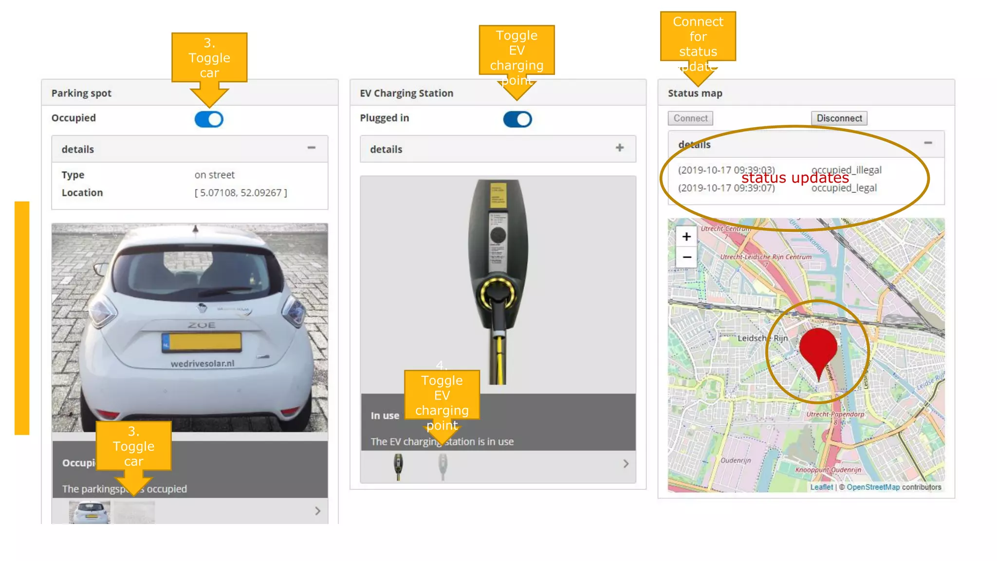 2.
Connect
for
status
updates
3.
Toggle
car
4.
Toggle
EV
charging
point
3.
Toggle
car
4.
Toggle
EV
charging
point
status updates