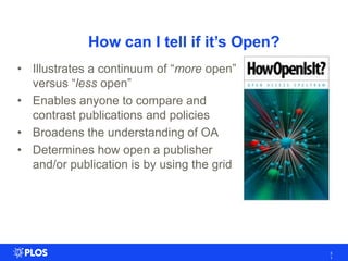 How can I tell if it’s Open?
• Illustrates a continuum of ―more open‖
versus ―less open‖
• Enables anyone to compare and
contrast publications and policies
• Broadens the understanding of OA
• Determines how open a publisher
and/or publication is by using the grid
3
1
 