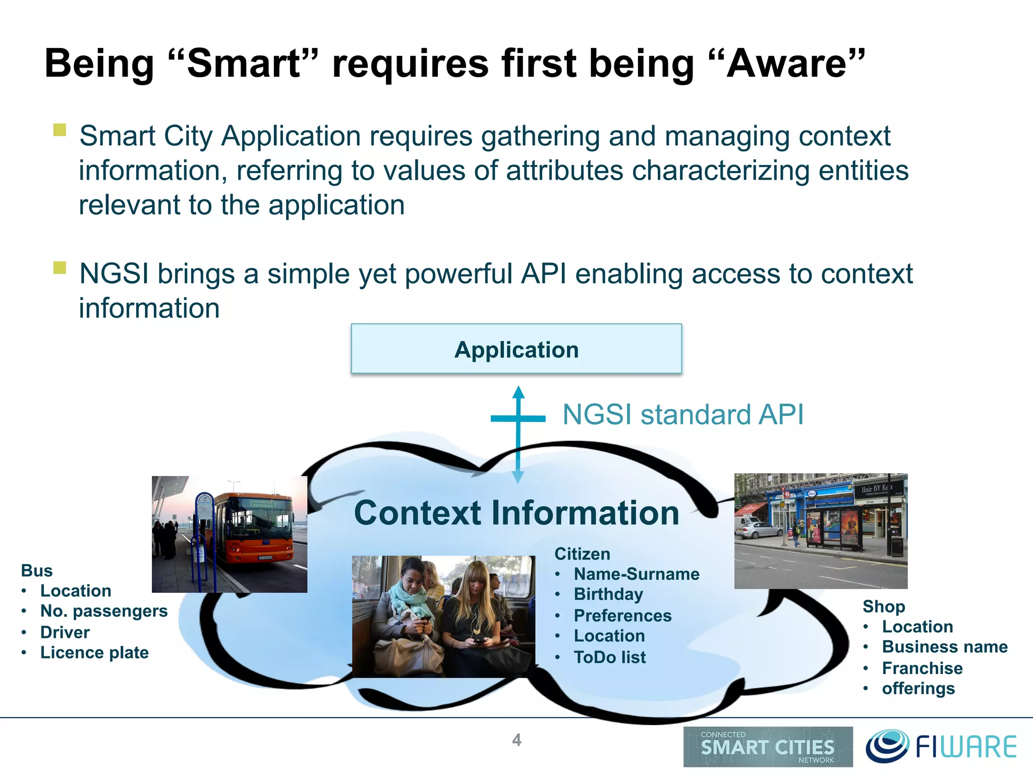 Being “Smart” requires first being “Aware”
! Smart City Application requires gathering and managing context
information, referring to values of attributes characterizing entities
relevant to the application
! NGSI brings a simple yet powerful API enabling access to context
information
4
Application
NGSI standard API
Bus
•  Location
•  No. passengers
•  Driver
•  Licence plate
Citizen
•  Name-Surname
•  Birthday
•  Preferences
•  Location
•  ToDo list
Shop
•  Location
•  Business name
•  Franchise
•  offerings
Context Information
 
