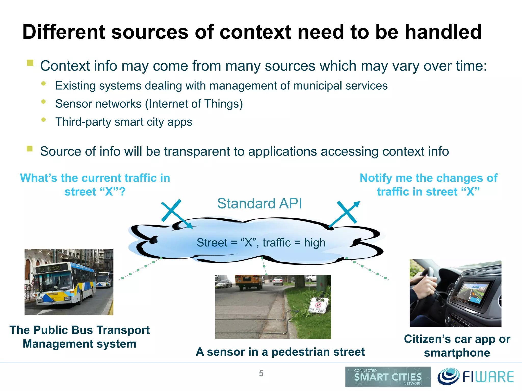 Different sources of context need to be handled
! Context info may come from many sources which may vary over time:
•  Existing systems dealing with management of municipal services
•  Sensor networks (Internet of Things)
•  Third-party smart city apps
!  Source of info will be transparent to applications accessing context info
5
Street = “X”, traffic = high
What’s the current traffic in
street “X”?
Standard API
A sensor in a pedestrian street
The Public Bus Transport
Management system Citizen’s car app or
smartphone
Notify me the changes of
traffic in street “X”
 