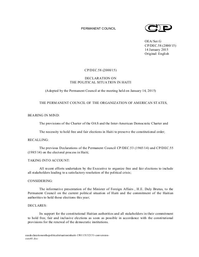 Oas Declaration On The Political Situation In Haiti Oas Declaration On The Political Situation In Haiti
