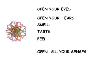 OPEN YOUR EYES

OPEN YOUR   EARS
SMELL
TASTE

FEEL


OPEN ALL YOUR SENSES
 