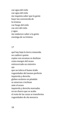 cae agua del cielo
cae agua del cielo
me inquieta saber que la gente
huye tan convencida de
la tristeza
cae fuego del cielo
cae aire del cielo
y agua
me endurece saber a la gente
enemiga de su tristeza
17
qué hay bajo la tierra removida
un cadáver quieto
espías con escamas se deslizan
como margen del ocaso
entrecerrado un siniestro
ojo
que no tolera el humo ácido
rugosidades del meneo perfecto
izquierda y derecha
globos oculares en péndulo
se amarran e inclinan
ante el ocaso
izquierda y derecha mareadas
en un charco que se acaba
el resto de las cosas se transforma
rugosidades de ala monarca
18
 