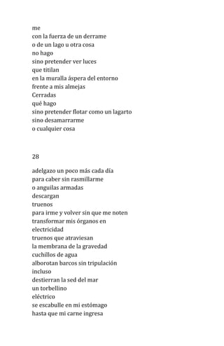 me
con la fuerza de un derrame
o de un lago u otra cosa
no hago
sino pretender ver luces
que titilan
en la muralla áspera del entorno
frente a mis almejas
Cerradas
qué hago
sino pretender flotar como un lagarto
sino desamarrarme
o cualquier cosa
28
adelgazo un poco más cada día
para caber sin rasmillarme
o anguilas armadas
descargan
truenos
para irme y volver sin que me noten
transformar mis órganos en
electricidad
truenos que atraviesan
la membrana de la gravedad
cuchillos de agua
alborotan barcos sin tripulación
incluso
destierran la sed del mar
un torbellino
eléctrico
se escabulle en mi estómago
hasta que mi carne ingresa
 
