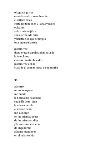 o lagunas grises
elevadas sobre un nubarrón
el afilado disco
corta los tendones y lianas vocales
volcanes
sobre mis mejillas
son alarmas de furia
y frustración que se limpia
o se muerde la cola
justamente
donde recae la palma diminuta de
la templanza
con sus montes blandos
justamente ahí he
clavado el primer metal de mi tumba
36
adentro
un cubo áspero
me hunde
la herida me ha dolido
cada día de mi vida
la misma herida
el mismo cubo
me sumerge
en las mismas pozas
de las mismas calles
y las mismas maneras
de engañarme
aún me mantienen
en el mismo sitio
 