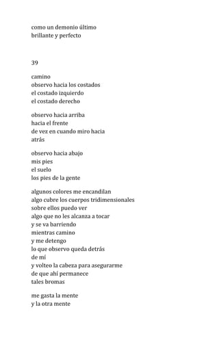 como un demonio último
brillante y perfecto
39
camino
observo hacia los costados
el costado izquierdo
el costado derecho
observo hacia arriba
hacia el frente
de vez en cuando miro hacia
atrás
observo hacia abajo
mis pies
el suelo
los pies de la gente
algunos colores me encandilan
algo cubre los cuerpos tridimensionales
sobre ellos puedo ver
algo que no les alcanza a tocar
y se va barriendo
mientras camino
y me detengo
lo que observo queda detrás
de mí
y volteo la cabeza para asegurarme
de que ahí permanece
tales bromas
me gasta la mente
y la otra mente
 