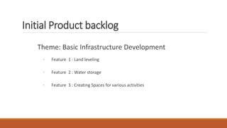 Initial Product backlog
Theme: Basic Infrastructure Development
◦ Feature 1 : Land leveling
◦ Feature 2 : Water storage
◦ Feature 3 : Creating Spaces for various activities
 