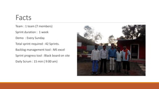 Facts
Team : 1 team (7 members)
Sprint duration : 1 week
Demo : Every Sunday
Total sprint required : 42 Sprints.
Backlog management tool : MS excel
Sprint progress tool : Black board on site
Daily Scrum : 15 min ( 9:00 am)
 