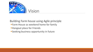 Vision
Building Farm house using Agile principle
Farm House as weekend home for family
Hangout place for Friends
Seeking business opportunity in future
 