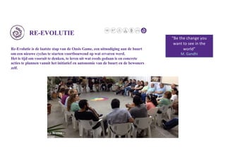 RE-EVOLUTIE
Re-Evolutie is de laatste stap van de Oasis Game, een uitnodiging aan de buurt
om een nieuwe cyclus te starten voortbouwend op wat ervaren werd.
Het is tijd om vooruit te denken, te leren uit wat reeds gedaan is en concrete
acties te plannen vanuit het initiatief en autonomie van de buurt en de bewoners
zelf.
Praça Braúna -
Tatuapé
“Be the change you
want to see in the
world”
M. Gandhi
 