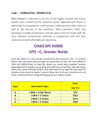 Call: - 9899642768 / 9899821136
Oasis Group is reckoned to be one of the highly reputed real estate
builder who is driven by the customer centric approach and strives in
delivering the magnificent constructions understanding their need as
well as the dreams of the customers. With customer’s faith, this
developer is highly prompted to provide spaces that are made with the
most efficient construction methods in conjunction with the best
materials at much affordable pricing values.

OASIS MY HOME
SITE –C, Greater Noida
Oasis My Home is a new concept launched by Oasis Group in Site – C, Greater
Noida. Oasis My Home will host high rise apartments of sizes 725 sq.ft (1BHK) to
1950 sq.ft (4BHK+Puja). At Oasis My Home, you would enjoy excellent location
advantage with lust green surrounding and seamless connectivity. Oasis My Home
offers you a sleek, infinitely flexible, multi-dimensional and open life. And such life
requires most proactive support system taking care of all your requirements and
needs. Oasis My Home is designed keeping all your modern needs.

Area
Type

Apartment Type

A
B
C
D

1 BHK + 1 Kids Room
2 BHK + 2 Toilets
3 BHK + 2 Toilets
4 BHK + 3 Toilets

(Sq. Ft.)
725
1025
1375
1950

 