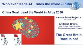 China Goal: Lead the World in AI by 2030
Who ever leads AI... rules the world - Putin
Human Brain Projects:
USA, EU, China
Artificial Brains:
IBM, Google, Facebook, Baidu,
Microsoft, Alibaba, Apple, Amazon
The Great Brain
Race is on!
 