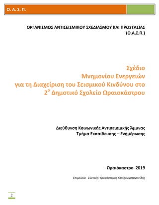 OOΟ. Α. Σ. Π.
2
ΟΡΓΑΝΙΣΜΟΣ ΑΝΤΙΣΕΙΣΜΙΚΟΥ ΣΧΕΔΙΑΣΜΟΥ ΚΑΙ ΠΡΟΣΤΑΣΙΑΣ
(Ο.Α.Σ.Π.)
Σχέδιο
Μνημονίου Ενεργειών
για τη Διαχείριση του Σεισμικού Κινδύνου στο
2ο
Δημοτικό Σχολείο Ωραιοκάστρου
Διεύθυνση Κοινωνικής Αντισεισμικής Άμυνας
Τμήμα Εκπαίδευσης – Ενημέρωσης
Ωραιόκαστρο 2019
Επιμέλεια - Σύνταξη: Χρυσόστομος Χατζηκωνσταντινίδης
 