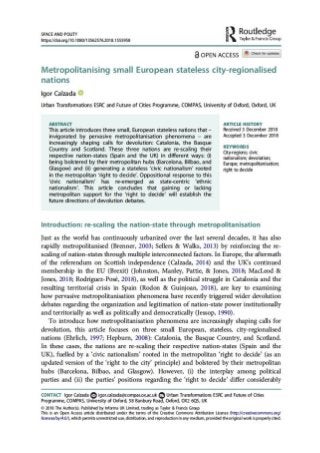 Metropolitanising Small European Stateless City-Regionalised Nations (in the Journal Space and Polity)