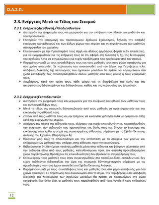 OOΟ.Α.Σ.Ρ.
12
2.3. Ενζργειεσ Μετά το Τζλοσ του Σειςμοφ
2.3.1. ΕνζργειεσΔιευθυντή /Υποδιευθυντών
 Διατθροφν τθν ψυχραιμία τουσ και μεριμνοφν για τθν ανφψωςθ του θκικοφ των μακθτϊν και
του προςωπικοφ.
 Επιτθροφν τθν εφαρμογι του προςειςμικοφ ΢χολικοφ ΢χεδιαςμοφ, δθλαδι τθν αςφαλι
εκκζνωςθ των αικουςϊν και των άλλων χϊρων του κτιρίου και τθ ςυγκζντρωςθ των μακθτϊν
ςτο προαφλιο του ςχολείου.
 Επικοινωνοφν με τθν Προϊςταμζνθ τουσ Αρχι και άλλουσ αρμόδιουσ φορείσ (εάν απαιτείται),
για να ενθμερωκοφν για τισ ενζργειζσ τουσ ςε ότι αφορά ςτθ διακοπι ι όχι τθσ λειτουργίασ
του ςχολείου ι για να ενθμερϊςουν για τυχόν προβλιματα που προζκυψαν από τον ςειςμό.
 Παραμζνουν μαηί με τουσ ςυναδζλφουσ τουσ και τουσ μακθτζσ τουσ ςτον χϊρο καταφυγισ για
όςο χρόνο απαιτθκεί. ΢ε περίπτωςθ που ανακοινωκεί από τον Διμο, τθν Περιφζρεια κ.λπ.
απόφαςθ διακοπισ τθσ λειτουργίασ των ςχολικϊν μονάδων κα πρζπει να παραμείνουν ςτο
χϊρο καταφυγισ ζωσ ότουπαραλθφκοφν όλοιοι μακθτζσ από τουσ γονείσ ι τουσ κθδεμόνεσ
τουσ.
 Λαμβάνουν, κατά τθν κρίςθ τουσ, κάκε μζτρο για τθ διαςφάλιςθ τθσ ηωισ και τθσ
ακεραιότθτασ διδαςκομζνων και διδαςκόντων, κακϊσ και τθσ περιουςίασ του Δθμοςίου.
2.3.2. ΕνζργειεσΕκπαιδευτικών
 Διατθροφν τθν ψυχραιμία τουσ και μεριμνοφν για τθν ανφψωςθ του θκικοφ των μακθτϊν τουσ
και των ςυναδζλφων τουσ.
 Μετά το τζλοσ τθσ ςειςμικισ δόνθςθσηθτοφν από τουσ μακθτζσ να προετοιμαςτοφν για τθν
εκκζνωςθ τθσ αίκουςά τουσ.
 Ηθτοφν από τουσ μακθτζσ τουσ να μθν τρζχουν, να κινοφνται γριγορα αλλά με θρεμία και τάξθ
κατά τθν εκκζνωςθ του κτιρίου.
 Ανοίγουν τθν πόρτα τθσ αίκουςάσ τουσ, ελζγχουν για τυχόν επικινδυνότθτεσ, παρακολουκοφν
τθν εκκζνωςθ των αικουςϊν που προθγοφνται τθσ δικισ τουσ και δίνουν το ζναυςμα τθσ
εκκζνωςθσ όταν ζρκει θ ςειρά τθσ ςυγκεκριμζνθσ αίκουςασ, ςφμφωνα με το ΢χζδιο Ζκτακτθσ
Ανάγκθσ του ΢χολείου (Παράρτθμα Α).
 Παίρνουν μαηί τουσ το απουςιολόγιο και τθν κατάςταςθ με τα ςτοιχεία των γονζων και
κθδεμόνων των μακθτϊν που υπάρχει ςτθν αίκουςα, πριν τθν εκκενϊςουν.
 Βεβαιϊνονται ότι δεν ζμεινε κανζνασ μακθτισ μζςα ςτθν αίκουςα και φεφγουν τελευταίοι από
τθν αίκουςα πίςω από τουσ μακθτζσ, κατευκυνόμενοι προσ τον αςφαλι προκακοριςμζνο
χϊρο ςυγκζντρωςθσ.Προςζχουν τισ επικινδυνότθτεσ που βρίςκονται ςτθ διαδρομι τουσ.
 Καταμετροφν τουσ μακθτζσ τουσ όταν ςυγκεντρωκοφν ςτο προαφλιο.Όςοι εκπαιδευτικοί δεν
είχαν κακικοντα διδαςκαλίασ τθν ϊρα τθσ ςειςμικισ δόνθςθσενεργοφν ςφμφωνα με τισ
αρμοδιότθτεσ που τουσ ζχουν ανατεκεί ςτο ΢χζδιο Ζκτακτθσ Ανάγκθσ.
 Παραμζνουν μαηί με τουσ ςυναδζλφουσ τουσ και μακθτζσ τουσ ςτο χϊρο καταφυγισ για όςο
χρόνο απαιτθκεί. ΢ε περίπτωςθ που ανακοινωκεί από το Διμο, τθν Περιφζρεια κ.λπ. απόφαςθ
διακοπισ τθσ λειτουργίασ των ςχολικϊν μονάδων κα πρζπει να παραμείνουν ςτο χϊρο
καταφυγισ ζωσ ότου όλοι οι μακθτζσ τουσ παραλθφκοφν από τουσ γονείσ ι τουσ κθδεμόνεσ
τουσ.
 