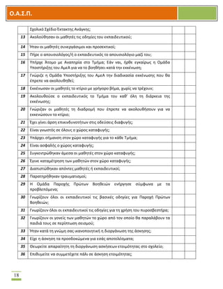 OOΟ.Α.Σ.Ρ.
18
΢χολικό ΢χζδιο Ζκτακτθσ Ανάγκθσ;
13 Ακολοφκθςαν οι μακθτζσ τισ οδθγίεσ του εκπαιδευτικοφ;
14 Ιταν οι μακθτζσ ςυνεργάςιμοι και προςεκτικοί;
15 Πιρε ο απουςιολόγοσ/ι ο εκπαιδευτικόσ το απουςιολόγιο μαηί του;
16 Τπιρχε Άτομο με Αναπθρία ςτο Σμιμα; Εάν ναι, ιρκε εγκαίρωσ θ Ομάδα
Τποςτιριξθσ του ΑμεΑ για να το βοθκιςει κατά τθν εκκζνωςθ;
17 Γνϊριηε θ Ομάδα Τποςτιριξθσ του ΑμεΑ τθν διαδικαςία εκκζνωςθσ που κα
ζπρεπε να ακολουκθκεί;
18 Εκκζνωςαν οι μακθτζσ το κτίριο με γριγορο βιμα, χωρίσ να τρζχουν;
19 Ακολουκοφςε ο εκπαιδευτικόσ το Σμιμα του κακ’ όλθ τθ διάρκεια τθσ
εκκζνωςθσ;
20 Γνϊριηαν οι μακθτζσ τθ διαδρομι που ζπρεπε να ακολουκιςουν για να
εκκενϊςουν το κτίριο;
21 Ζχει γίνει άρςθ επικινδυνοτιτων ςτισ οδεφςεισ διαφυγισ;
22 Είναι γνωςτόσ ςε όλουσ ο χϊροσ καταφυγισ;
23 Τπάρχει ςιμανςθ ςτον χϊρο καταφυγισ για το κάκε Σμιμα;
24 Είναι αςφαλισ ο χϊροσ καταφυγισ;
25 ΢υγκεντρϊκθκαν άμεςα οι μακθτζσ ςτον χϊρο καταφυγισ;
26 Ζγινε καταμζτρθςθ των μακθτϊν ςτον χϊρο καταφυγισ;
27 Διαπιςτϊκθκαν απόντεσ μακθτζσ ι εκπαιδευτικοί;
28 Παρατθρικθκαν τραυματιςμοί;
29 Θ Ομάδα Παροχισ Πρϊτων Βοθκειϊν ενιργθςε ςφμφωνα με τα
προβλεπόμενα;
30 Γνωρίηουν όλοι οι εκπαιδευτικοί τισ βαςικζσ οδθγίεσ για Παροχι Πρϊτων
Βοθκειϊν;
31 Γνωρίηουν όλοι οι εκπαιδευτικοί τισ οδθγίεσ για τθ χριςθ του πυροςβεςτιρα;
32 Γνωρίηουν οι γονείσ των μακθτϊν το χϊρο από τον οποίο κα παραλάβουν τα
παιδιά τουσ ςε περίπτωςθ ςειςμοφ;
33 Ιταν κατά τθ γνϊμθ ςασ ικανοποιθτικι θ διοργάνωςθ τθσ άςκθςθσ;
34 Είχε θ άςκθςθ τα προςδοκϊμενα για εςάσ αποτελζςματα;
35 Κεωρείτε απαραίτθτθ τθ διοργάνωςθ αςκιςεων ετοιμότθτασ ςτο ςχολείο;
36 Επικυμείτε να ςυμμετζχετε πάλι ςε άςκθςθ ετοιμότθτασ;
 