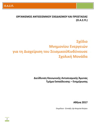 OOΟ.Α.Σ.Ρ.
2
Ο΢ΓΑΝΙΣΜΟΣ ΑΝΤΙΣΕΙΣΜΙΚΟΥ ΣΧΕΔΙΑΣΜΟΥ ΚΑΙ Ρ΢ΟΣΤΑΣΙΑΣ
(Ο.Α.Σ.Ρ.)
Σχζδιο
Μνθμονίου Ενεργειϊν
για τθ Διαχείριςθ του ΣειςμικοφΚινδφνουςε
Σχολικι Μονάδα
Διεφκυνςθ Κοινωνικισ Αντιςειςμικισ Άμυνασ
Τμιμα Εκπαίδευςθσ – Ενθμζρωςθσ
Ακινα 2017
Επιμζλεια - ΢φνταξη: Δρ Αςημίνα Κοφρου
 