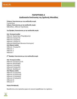 OOΟ.Α.Σ.Ρ.
20
ΡΑ΢Α΢ΤΘΜΑ Α
Διαδικαςία Εκκζνωςθσ τθσ Σχολικισ Μονάδασ
Υπόγειο: Εκκενϊνεται με τθν ακόλουκθ ςειρά:
Γυμναςτιριο
Ιςόγειο: Εκκενϊνεται με τθν ακόλουκθ ςειρά:
Βιβλιοκικθ , Αίκουςα Σεχνολογίασ
1οσ Προφοσ: Εκκενϊνεται με τθν ακόλουκθ ςειρά:
Από Κεντρικι ςκάλα
Αίκουςα (Εργαςτιρια Πλθροφορικισ)
Αίκουςα 3 (τμιμα Γ3)
Αίκουςα 2 (τμιμαΓ2)
Αίκουςα 1 (τμιμα Γ1)
Αίκουςα (Εργαςτιριο Φυςικϊν Επιςτθμϊν)
Από Βόρεια ςκάλα
Αίκουςα 4 (τμιμαΓ4)
Αίκουςα 5
Αίκουςα 6
Αίκουςα 7
2οσ
Προφοσ: Εκκενϊνεται με τθν ακόλουκθ ςειρά:
Από Κεντρικι ςκάλα
Αίκουςα 11(τμιμα Β_Ο.Π)
Αίκουςα 10(τμιμαΒ3)
Αίκουςα 9 (τμιμαΒ2)
Αίκουςα 8 (τμιμα Β1)
Αίκουςα (Διαλζξεων)
Από Βόρεια ςκάλα
Αίκουςα 15 (τμιμαΑ4)
Αίκουςα 14 (τμιμα Α3)
Αίκουςα 13 (τμιμαΑ2)
Αίκουςα 12 (τμιμαΑ1)
Αίκουςα 16
Αίκουςα 17
Χϊροσ Καταφυγισ
Οριοκετείται ςτον προαφλιο χϊρο ςτο ανοικτό αμφικζατρο του ςχολείου.
 