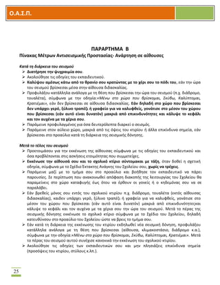 OOΟ.Α.Σ.Ρ.
25
ΡΑ΢Α΢ΤΘΜΑ Β
Ρίνακασ Μζτρων Αντιςειςμικισ Ρροςταςίασ- Ανάρτθςθ ςε αίκουςεσ
Κατά τη διάρκεια του ςειςμοφ
 Διατιρθςε τθν ψυχραιμία ςου.
 Ακολοφκθςε τισ οδθγίεσ του εκπαιδευτικοφ.
 Καλφψου αμζςωσ κάτω από το κρανίο ςου κρατϊντασ με το χζρι ςου το πόδι του, εάν τθν ϊρα
του ςειςμοφ βρίςκεςαι μζςα ςτθν αίκουςα διδαςκαλίασ.
 Προφυλάξου κατάλλθλα ανάλογα με τθ κζςθ που βρίςκεςαι τθν ϊρα του ςειςμοφ (π.χ. διάδρομο,
τουαλζτα), ςφμφωνα με τθν οδθγία:«Μζνω ςτο χώρο που βρίςκομαι, ΢κφβω, Καλφπτομαι,
Κρατιζμαι», εάν δεν βρίςκεςαι ςε αίκουςα διδαςκαλίασ. Εάν δθλαδι ςτο χϊρο που βρίςκεςαι
δεν υπάρχει γερό, ξφλινο τραπζηι ι γραφείο για να καλυφκείσ, γονάτιςε ςτο μζςον του χϊρου
που βρίςκεςαι (εάν αυτό είναι δυνατόν) μακριά από επικινδυνότθτεσ και κάλυψε το κεφάλι
και τον αυχζνα με τα χζρια ςου.
 Παράμεινε προφυλαγμζνοσ για όςα δευτερόλεπτα διαρκεί ο ςειςμόσ.
 Παράμεινε ςτον αφλειο χϊρο, μακριά από τισ όψεισ του κτιρίου ι άλλα επικίνδυνα ςθμεία, εάν
βρίςκεςαι ςτο προαφλιο κατά τθ διάρκεια τθσ ςειςμικισ δόνθςθσ.
Μετά το τζλοσ του ςειςμοφ
 Προετοιμάςου για τθν εκκζνωςθ τθσ αίκουςασ ςφμφωνα με τισ οδθγίεσ του εκπαιδευτικοφ και
όςα προβλζπονται ςτισ αςκιςεισ ετοιμότθτασ που ςυμμετείχεσ.
 Εκκζνωςε τθν αίκουςά ςου και το ςχολικό κτίριο ςφντομακαι με τάξθ, όταν δοκεί θ ςχετικι
οδθγία, ςφμφωνα με το ΢χζδιο Ζκτακτθσ Ανάγκθσ του ΢χολείου ςου, χωρίσ να τρζχεισ.
 Παράμεινε μαηί με το τμιμα ςου ςτο προαφλιο και βοικθςε τον εκπαιδευτικό να πάρει
παρουςίεσ. ΢ε περίπτωςθ που ανακοινωκεί απόφαςθ διακοπισ τθσ λειτουργίασ του ΢χολείου κα
παραμείνεισ ςτο χϊρο καταφυγισ ζωσ ότου να ζρκουν οι γονείσ ι ο κθδεμόνασ ςου να ςε
παραλάβει.
 Εάν βρεκείσ μόνοσ ςου εντόσ του ςχολικοφ κτιρίου π.χ. διάδρομο, τουαλζτα (εκτόσ αίκουςασ
διδαςκαλίασ), καιδεν υπάρχει γερό, ξφλινο τραπζηι ι γραφείο για να καλυφκείσ, γονάτιςε ςτο
μζςον του χϊρου που βρίςκεςαι (εάν αυτό είναι δυνατόν) μακριά από επικινδυνότθτεσκαι
κάλυψε το κεφάλι και τον αυχζνα με τα χζρια ςου τθν ϊρα του ςειςμοφ. Μετά το πζρασ τθσ
ςειςμικισ δόνθςθσ εκκζνωςε το ςχολικό κτίριο ςφμφωνα με το ΢χζδιο του ΢χολείου, δθλαδι
κατευκφνςου ςτο προαφλιο του ΢χολείου ϊςτε να βρεισ το τμιμα ςου.
 Εάν κατά τθ διάρκεια τθσ εκκζνωςθσ του κτιρίου εκδθλωκεί νζα ςειςμικι δόνθςθ, προφυλάξου
κατάλλθλα ανάλογα με τθ κζςθ που βρίςκεςαι (αίκουςα, κλιμακοςτάςιο, διάδρομο κ.α.),
ςφμφωνα με τθν οδθγία:«Μζνω ςτο χώρο που βρίςκομαι, ΢κφβω, Καλφπτομαι, Κρατιζμαι». Μετά
το πζρασ του ςειςμοφ αυτοφ ςυνζχιςε κανονικά τθν εκκζνωςθ του ςχολικοφ κτιρίου.
 Ακολοφκθςε τισ οδθγίεσ των εκπαιδευτικϊν ςου και μθν πλθςιάηεισ επικίνδυνα ςθμεία
(προςόψεισ του κτιρίου, ςτφλουσ κ.λπ.).
 
