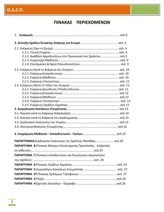 OOΟ.Α.Σ.Ρ.
3
ΡΙΝΑΚΑΣ ΡΕ΢ΙΕΧΟΜΕΝΩΝ
1. Ειςαγωγι………………………………………………………………………..….……………….……….. ςελ.4
2. Σφνταξθ Σχεδίου Ζκτακτθσ Ανάγκθσ για Σειςμό………..…….…….……..………….…. ςελ. 4
2.1. Ενζργειεσ Πριν το ΢ειςμό ……………………………………………………….………..…….….. ςελ. 4
2.1.1. Γενικά ΢τοιχεία………………………………………………….……….………………..…. ςελ. 4
2.1.2. Ανάθεςη Αρμοδιοτήτων ςτο Προςωπικό του ΢χολείου .….…..……..…… ςελ.5
2.1.3. ΢υμμετοχή Μαθητών ……………………………………………………..……..……….…ςελ. 9
2.1.4. Επιςήμανςη & Άρςη Επικινδυνοτήτων …………………………….…………..….. ςελ. 9
2.2. Ενζργειεσ Κατά τθ Διάρκεια του ΢ειςμοφ …………………….…………….…………....... ςελ. 10
2.2.1. ΕνζργειεσΕκπαιδευτικών ……………………………………………….…….…….….. ςελ. 10
2.2.2. ΕνζργειεσΜαθητών ………………………………………………………….……..…..… ςελ. 10
2.2.3. Ενζργειεσ Επιςκεπτών……………………………………………………….…………..… ςελ. 11
2.3. Ενζργειεσ Μετά το Σζλοσ του ΢ειςμοφ ……………….…………………….………..…....... ςελ. 11
2.3.1. ΕνζργειεσΔιευθυντή /Τποδιευθυντών ….……………………….…….………... ςελ. 11
2.3.2. ΕνζργειεσΕκπαιδευτικών .…………………………………………………….…….…… ςελ.12
2.3.3. ΕνζργειεσΜαθητών …………………….……………………………………….…….…... ςελ.12
2.3.4. Ενζργειεσ Επιςκεπτών……………………………………………………….…………...… ςελ. 13
2.3.5. Ενζργειεσ Ομάδων Εργαςίασ…………………….………….……………………….…. ςελ.13
3. Διοργάνωςθ Αςκιςεων Ετοιμότθτασ……………………………..……….……………….…… ςελ.13
3.1. Άςκθςθ κατά τθ διάρκεια διδαςκαλίασ ………………….…….….………………….……… ςελ.14
3.2. Άςκθςθ κατά τθ διάρκεια του διαλείμματοσ………………………..…….………..……… ςελ.15
3.3. Διαδικαςία Εκκζνωςθσ του Κτιρίου ……………………………………..…..………..….…… ςελ.15
3.4. ΑποτίμθςθΆςκθςθσ Ετοιμότθτασ.……………………………………….………….….……… ςελ.16
4. Ενθμζρωςθ Μακθτϊν - Εκπαιδευτικϊν - Γονζων………...………………….…….…. ςελ.19
ΡΑ΢Α΢ΤΘΜΑΑ:Διαδικαςία Εκκζνωςθσ τθσ ΢χολικισ Μονάδασ….…..……..……. ςελ.20
ΡΑ΢Α΢ΤΘΜΑ Β:Πίνακασ Μζτρων Αντιςειςμικισ Προςταςίασ - Ανάρτθςθ
ςε αίκουςεσ….……………………………………………….…….…………..…. ςελ.23
ΡΑ΢Α΢ΤΘΜΑ Γ:Πίνακασ εκπαιδευτικοφ και διοικθτικοφ προςωπικοφ
του ςχολείου …………………………..………………………….…….......……ςελ. 24
ΡΑ΢Α΢ΤΘΜΑ Δ:Πίνακασ Ομάδων Εργαςίασ ………………………………..………….….…. ςελ. 25
ΡΑ΢Α΢ΤΘΜΑ Ε:Θμερολόγιο Αςκιςεων Ετοιμότθτασ ………………………………........ ςελ. 27
ΡΑ΢Α΢ΤΘΜΑ ΣΤ:Πίνακασ Χριςιμων Σθλεφϊνων …………………….….…….….......… ςελ. 27
ΡΑ΢Α΢ΤΘΜΑ Η:Πθγζσ ………………………………………………………….…………….……….….ςελ.29
ΡΑ΢Α΢ΤΘΜΑ Θ:΢χετικζσ Εγκφκλιοι – Ζγγραφα ...……………………………….……….….ςελ.29
 