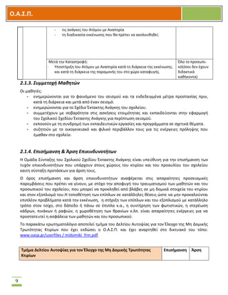 OOΟ.Α.Σ.Ρ.
9
- τισ ανάγκεσ του Ατόμου με Αναπθρία
- τθ διαδικαςία εκκζνωςθσ που κα πρζπει να ακολουκθκεί.
Μετά τθν Καταςτροφι:
- Τποςτιριξθ του Ατόμου με Αναπθρία κατά τθ διάρκεια τθσ εκκζνωςθσ.
και κατά τθ διάρκεια τθσ παραμονισ του ςτο χϊρο καταφυγισ.
Όλο το προςωπι-
κό(όςοι δεν ζχουν
διδακτικά
κακικοντα)
2.1.3. Συμμετοχή Μαθητών
Οι μακθτζσ:
- ενθμερϊνονται για το φαινόμενο του ςειςμοφ και τα ενδεδειγμζνα μζτρα προςταςίασ πριν,
κατά τθ διάρκεια και μετά από ζναν ςειςμό.
- ενθμερϊνονται για το ΢χζδιο Ζκτακτθσ Ανάγκθσ του ςχολείου.
- ςυμμετζχουν με ςοβαρότθτα ςτισ αςκιςεισ ετοιμότθτασ και εκπαιδεφονται ςτθν εφαρμογι
του ΢χολικοφ ΢χεδίου Ζκτακτθσ Ανάγκθσ για περίπτωςθ ςειςμοφ.
- εκπονοφν με τθ ςυνδρομι των εκπαιδευτικϊν εργαςίεσ και προγράμματα ςε ςχετικά κζματα.
- ςυηθτοφν με το οικογενειακό και φιλικό περιβάλλον τουσ για τισ ενζργειεσ πρόλθψθσ που
ζμακαν ςτο ςχολείο.
2.1.4. Επιςήμανςη & Άρςη Επικινδυνοτήτων
Θ Ομάδα ΢φνταξθσ του ΢χολικοφ ΢χεδίου Ζκτακτθσ Ανάγκθσ είναι υπεφκυνθ για τθν επιςιμανςθ των
τυχόν επικινδυνοτιτων που υπάρχουν ςτουσ χϊρουσ του κτιρίου και του προαυλίου του ςχολείου
καιτθ ςφνταξθ προτάςεων για άρςθ τουσ.
Ο όροσ επιςιμανςθ και άρςθ επικινδυνοτιτων αναφζρεται ςτισ απαραίτθτεσ προςειςμικζσ
παρεμβάςεισ που πρζπει να γίνουν, με ςτόχο τθν αποφυγι του τραυματιςμοφ των μακθτϊν και του
προςωπικοφ του ςχολείου, που μπορεί να προκλθκεί από βλάβεσ ςε μθ δομικά ςτοιχεία του κτιρίου
και ςτον εξοπλιςμό του.Θ τοποκζτθςθ των επίπλων ςε κατάλλθλεσ κζςεισ ϊςτε να μθν προκαλοφνται
επιπλζον προβλιματα κατά τθν εκκζνωςθ, θ ςτιριξθ των επίπλων και του εξοπλιςμοφ με κατάλλθλο
τρόπο ςτον τοίχο, ςτο δάπεδο ι πάνω ςε ζπιπλα κ.α., θ ςυντιρθςθ των φωτιςτικϊν, θ ςτερζωςθ
κάδρων, πινάκων ι ραφιϊν, θ χωροκζτθςθ των κρανίων κ.λπ. είναι απαραίτθτεσ ενζργειεσ για να
προςτατευτεί θ αςφάλεια των μακθτϊν και του προςωπικοφ.
Σο παρακάτω ερωτθματολόγιο αποτελεί τμιμα του Δελτίου Αυτοψίασ για τον Ζλεγχο τθσ Μθ Δομικισ
Σρωτότθτασ Κτιρίων που ζχει εκδϊςει ο Ο.Α.΢.Π. και ζχει αναρτθκεί ςτο δικτυακό του τόπο:
www.oasp.gr/userfiles / midomiki_frm.pdf.
Τμιμα Δελτίου Αυτοψίασ για τον Ζλεγχο τθσ Μθ Δομικισ Τρωτότθτασ
Κτιρίων
Επιςιμανςθ Άρςθ
 