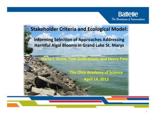 Stakeholder Criteria and Ecological Model:
 Informing Selection of Approaches Addressing
 Harmful Algal Blooms in Grand Lake St. Marys

    Harry J. Stone, Tom Gulbransen, and Henry Pate


                   The Ohio Academy of Science
                          April 14, 2012




                                                     1
 