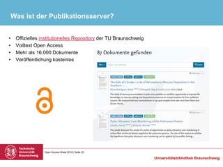 Open Access Week 2018 | Seite 25
Universitätsbibliothek Braunschweig
Was ist der Publikationsserver?
• Offizielles institu...