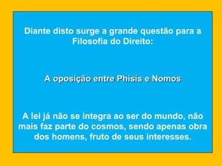 Diante disto surge a grande questão para a Filosofia do Direito: A oposição entre Phisis e Nomos A lei já não se integra ao ser do mundo, não mais faz parte do cosmos, sendo apenas obra dos homens, fruto de seus interesses. 