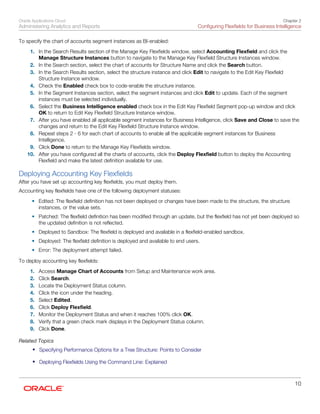 Oracle Applications Cloud
Administering Analytics and Reports
Chapter 2
Configuring Flexfields for Business Intelligence
10
To specify the chart of accounts segment instances as BI-enabled:
1. In the Search Results section of the Manage Key Flexfields window, select Accounting Flexfield and click the
Manage Structure Instances button to navigate to the Manage Key Flexfield Structure Instances window.
2. In the Search section, select the chart of accounts for Structure Name and click the Search button.
3. In the Search Results section, select the structure instance and click Edit to navigate to the Edit Key Flexfield
Structure Instance window.
4. Check the Enabled check box to code-enable the structure instance.
5. In the Segment Instances section, select the segment instances and click Edit to update. Each of the segment
instances must be selected individually.
6. Select the Business Intelligence enabled check box in the Edit Key Flexfield Segment pop-up window and click
OK to return to Edit Key Flexfield Structure Instance window.
7. After you have enabled all applicable segment instances for Business Intelligence, click Save and Close to save the
changes and return to the Edit Key Flexfield Structure Instance window.
8. Repeat steps 2 - 6 for each chart of accounts to enable all the applicable segment instances for Business
Intelligence.
9. Click Done to return to the Manage Key Flexfields window.
10. After you have configured all the charts of accounts, click the Deploy Flexfield button to deploy the Accounting
Flexfield and make the latest definition available for use.
Deploying Accounting Key Flexfields
After you have set up accounting key flexfields, you must deploy them.
Accounting key flexfields have one of the following deployment statuses:
• Edited: The flexfield definition has not been deployed or changes have been made to the structure, the structure
instances, or the value sets.
• Patched: The flexfield definition has been modified through an update, but the flexfield has not yet been deployed so
the updated definition is not reflected.
• Deployed to Sandbox: The flexfield is deployed and available in a flexfield-enabled sandbox.
• Deployed: The flexfield definition is deployed and available to end users.
• Error: The deployment attempt failed.
To deploy accounting key flexfields:
1. Access Manage Chart of Accounts from Setup and Maintenance work area.
2. Click Search.
3. Locate the Deployment Status column.
4. Click the icon under the heading.
5. Select Edited.
6. Click Deploy Flexfield.
7. Monitor the Deployment Status and when it reaches 100% click OK.
8. Verify that a green check mark displays in the Deployment Status column.
9. Click Done.
Related Topics
• Specifying Performance Options for a Tree Structure: Points to Consider
• Deploying Flexfields Using the Command Line: Explained
 