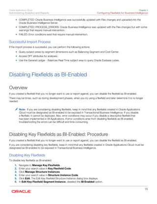 Oracle Applications Cloud
Administering Analytics and Reports
Chapter 2
Configuring Flexfields for Business Intelligence
15
• COMPLETED: Oracle Business Intelligence was successfully updated with Flex changes and uploaded into the
Oracle Business Intelligence Server.
• COMPLETED: PROCESS_ERRORS: Oracle Business Intelligence was updated with the Flex changes but with some
warnings that require manual intervention.
• FAILED: Error conditions exist that require manual intervention.
Successful Import Process
If the import process is successful, you can perform the following actions:
• Query subject areas by segment dimensions such as Balancing Segment and Cost Center.
• Access DFF attributes for analyses.
• Use the General Ledger - Balances Real Time subject area to query Oracle Essbase cubes.
Disabling Flexfields as BI-Enabled
Overview
If you created a flexfield that you no longer want to use or report against, you can disable the flexfield as BI-enabled.
There may be times, such as during development phases, when you try using a flexfield and later determine it is no longer
needed.
Note: If you are considering disabling flexfields, keep in mind that any flexfields created in Oracle Applications
Cloud must be designated as BI-enabled to be exposed in Transactional Business Intelligence. If you disable
a flexfield, it cannot be deployed. Also, error conditions may occur if you disable a descriptive flexfield that
has been implemented in BI Applications. If error conditions arise from disabling flexfields as BI-enabled,
troubleshooting the errors can be difficult and time-consuming.
Disabling Key Flexfields as BI-Enabled: Procedure
If you created a flexfield that you no longer want to use or report against, you can disable the flexfield as BI-enabled.
If you are considering disabling key flexfields, keep in mind that any flexfields created in Oracle Applications Cloud must be
designated as BI-enabled to be exposed in Transactional Business Intelligence.
Disabling Key Flexfields
To disable key flexfields as BI-enabled:
1. Navigate to Manage Key Flexfields .
2. Enter your search value in Key Flexfield Code.
3. Click Manage Structure Instances.
4. Enter your search value in Structure Instance Code.
5. Click Edit. The Edit Key Flexfield Structure Instance dialog box displays.
6. In Edit Key Flexfield Segment Instance, deselect the BI Enabled option.
 